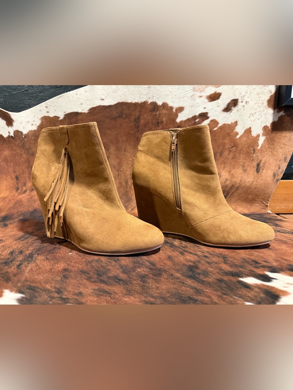 Women’s Tan Suede Wedge Ankle Boots - Zip Side